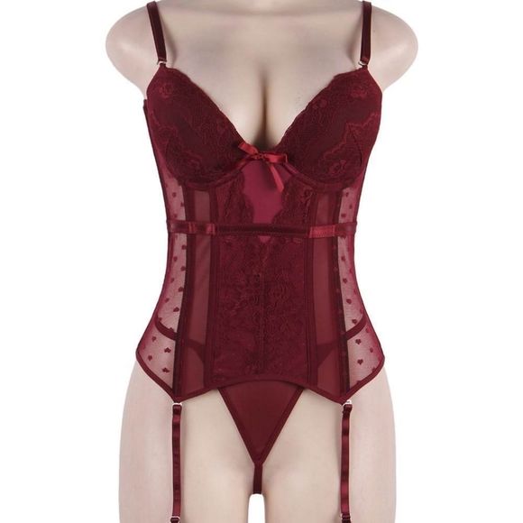 🏷🆕S-2XL; Women's Wine Red Corset with Garter and Matching G String Panties Set - Picture 7 of 14